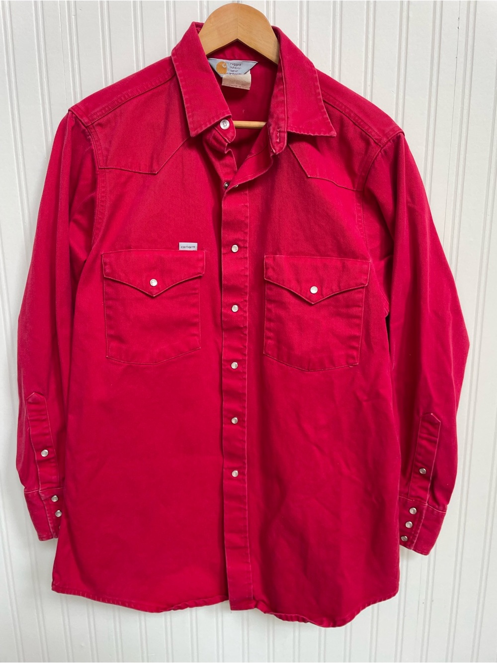 Vintage Carhartt Red Denim Shirt Jacket Men’s L USA Western Snap Workwear